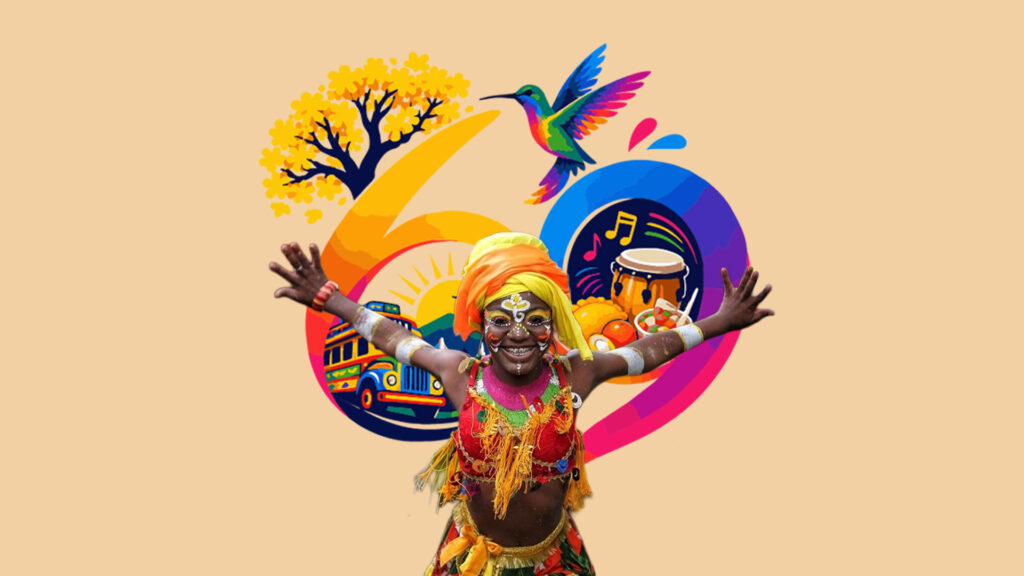 Adelante una mujer afrodescendiente extendiendo sus brazos vestida con un disfraz de la feria. Detrás los números 69 de nuestro logotipo.