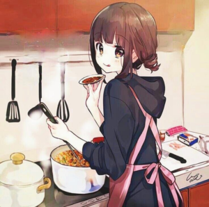 Una chica estilo anime cocinando